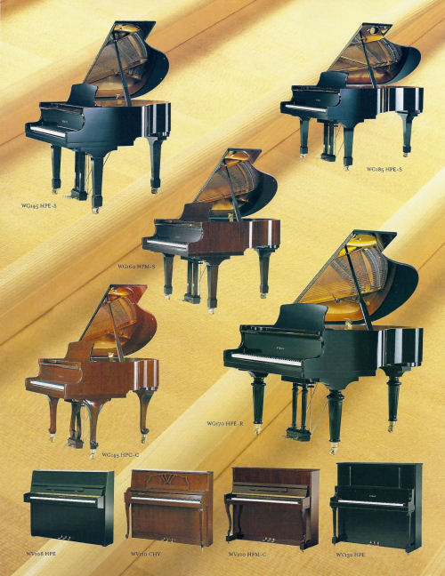 Wyman High Polish Ebony Grand Pianos, also available in High Polish Mahogany and High Polish Cherry Finishes. Wyman Vertical Upright Pianos available in various sizes all the way to full size Studio Uprights and in High Polish Ebony, High Polish Mahogany, and High Polish Cherry Finishes.