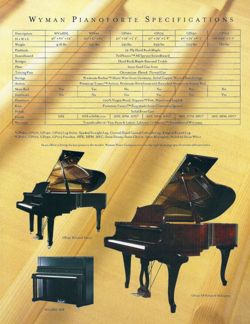 Wyman High Polish Ebony Grand Pianos, also available in High Polish Mahogany and High Polish Cherry Finishes. Wyman Vertical Upright Pianos available in various sizes all the way to full size Studio Uprights and in High Polish Ebony, High Polish Mahogany, and High Polish Cherry Finishes.